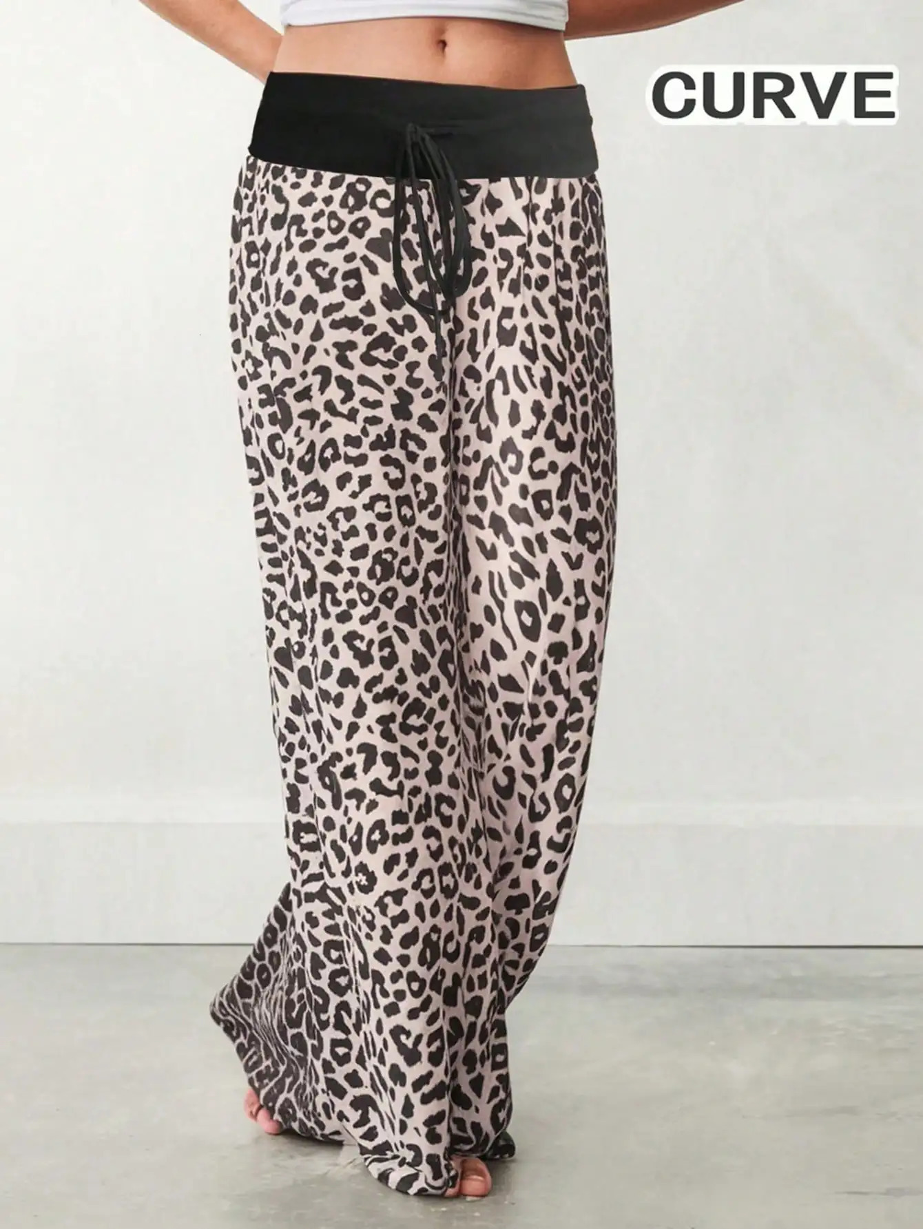 Plus Size Spring Summer Womens Fashion Elastic Waist High Pants Leopard Printed Drawstring Baggy Wide Legs 250805