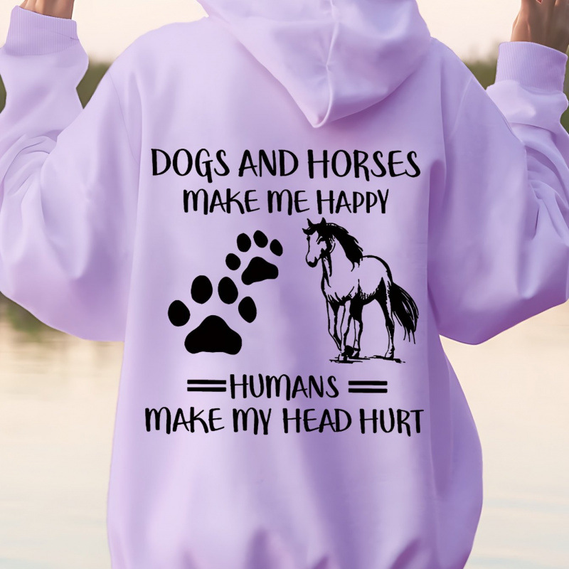 Ladies casual hoodie, dog and horse pattern drawstring hat, long-sleeved scratch hoodie