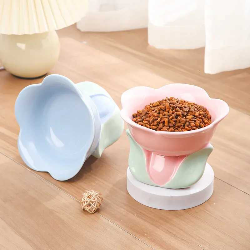 Cute Ceramic Cat Bowl High Foot Plate Non-slip Flower Shape Dog Puppy Feeder Feeding Food Water Protection Cervical Pet Supplies Y250806
