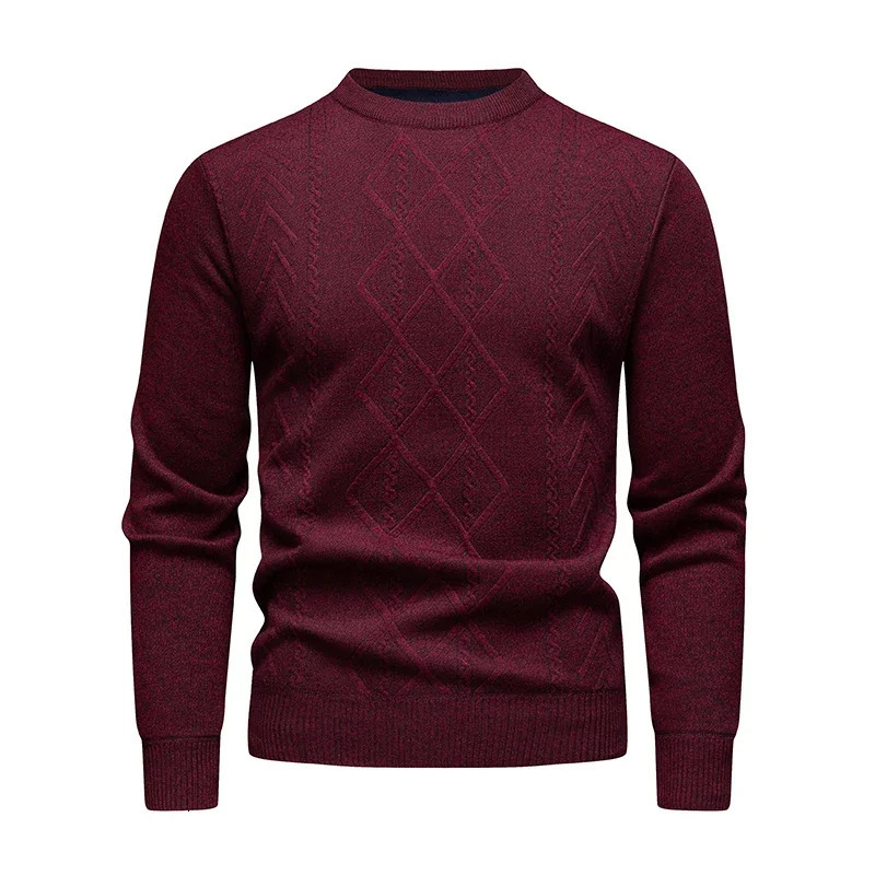 Mens Casual Sweater Round Neck Long Sleeve Knitted Diamond Pattern Fashion Versatile Top 250807