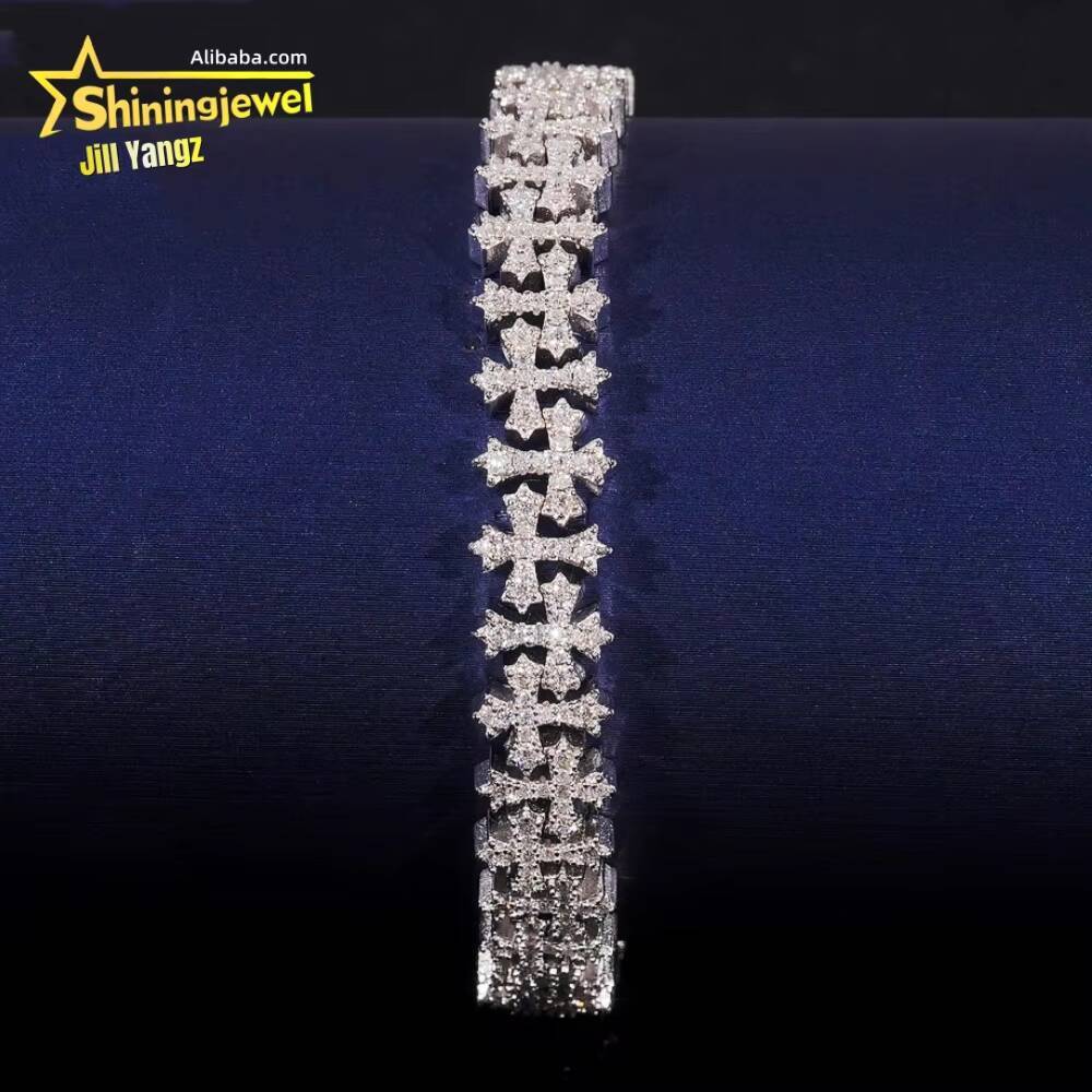 Cross Moissanite Cuban Bracelet Ready Stock Hip Hop Rock Moissanite 925 Silver Religious Jewelry Diamond Cuban Link Chain
