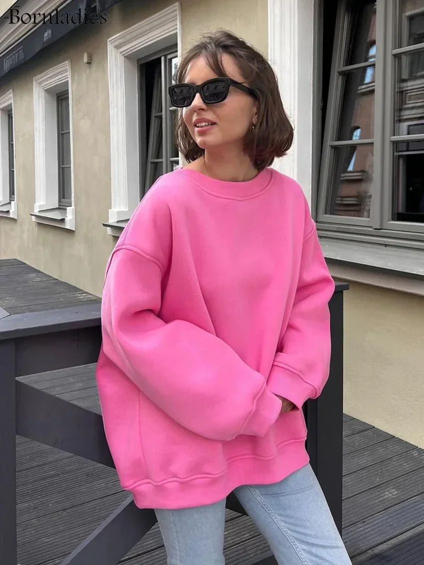 Bornladies Oversized Hoodies Sweatshirts for Women Autumn Winter Thick Warm Fleece Sweatshirt Girls Streetwear Loose Pullovers 250806