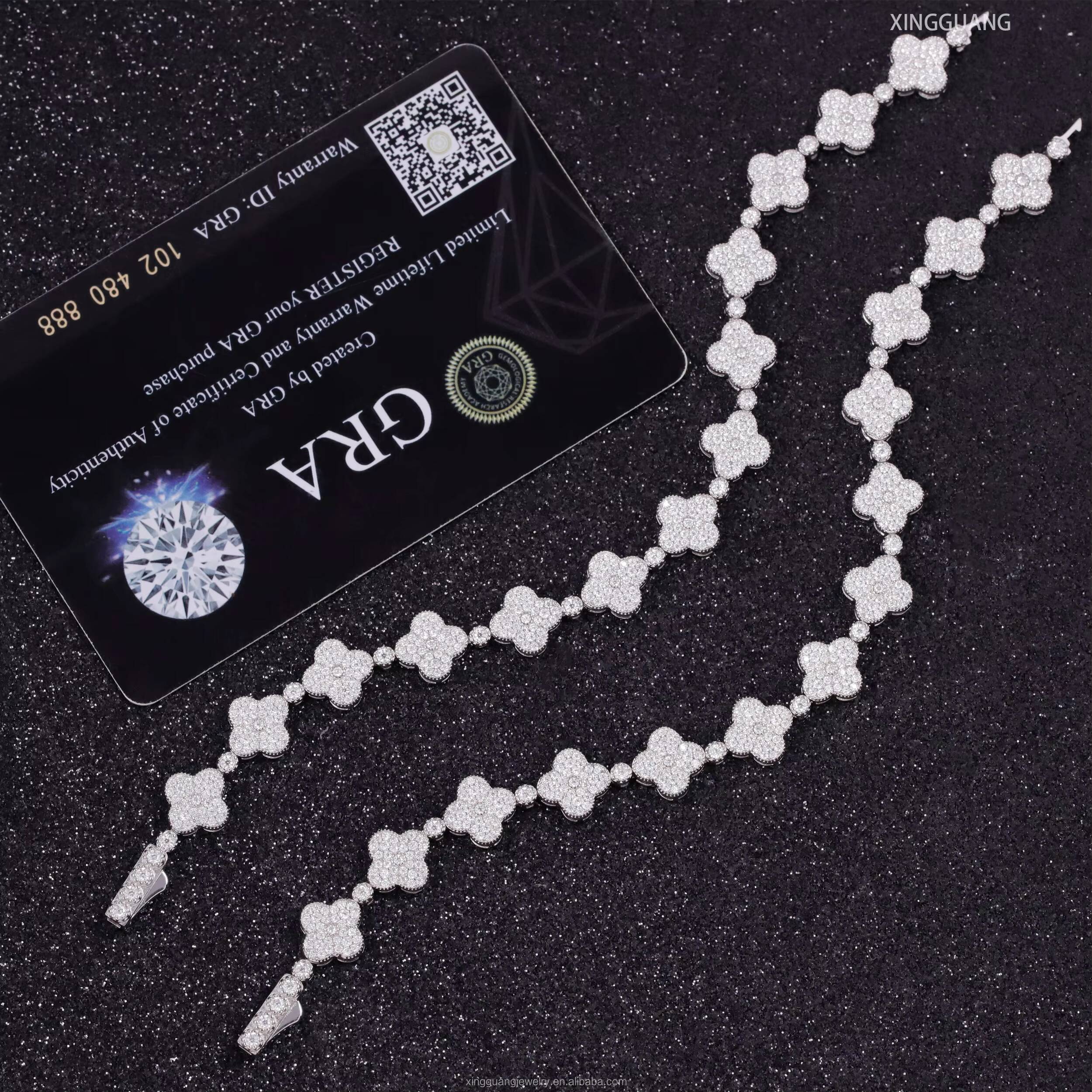 Hip Hop Style 925 Sterling Silver 9mm VVS1Moissanite Diamond Clover Bracelet Tennis Chain Come with GRA Certificate