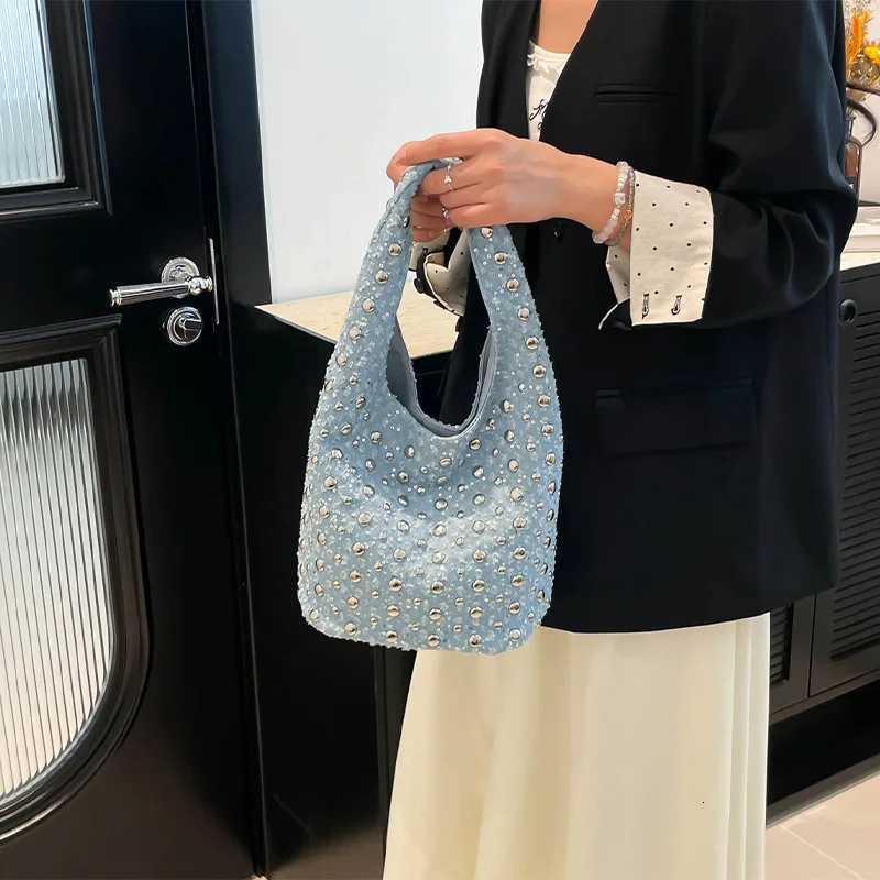 Denim Sequin Underarm Shoulder Bag Vintage Metal Stud Motorcycle Style Handbag Designer Blue Chic Women Bucket Tote Bags Z250807