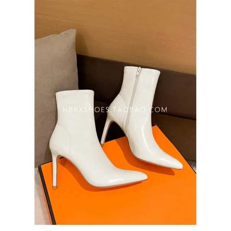 Modern Solid Color High Heels Boots Spring and Autumn 2024 New Womens Pointed Toe Stiletto Heel Side Zipper Short Boots XJ250807