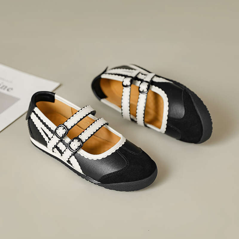 Cowhide Leather Version 2025 Spring New Round Toe Mary Jane Shallow Mouth Sports Ballet Style Casual Women's Single German Training Shoes