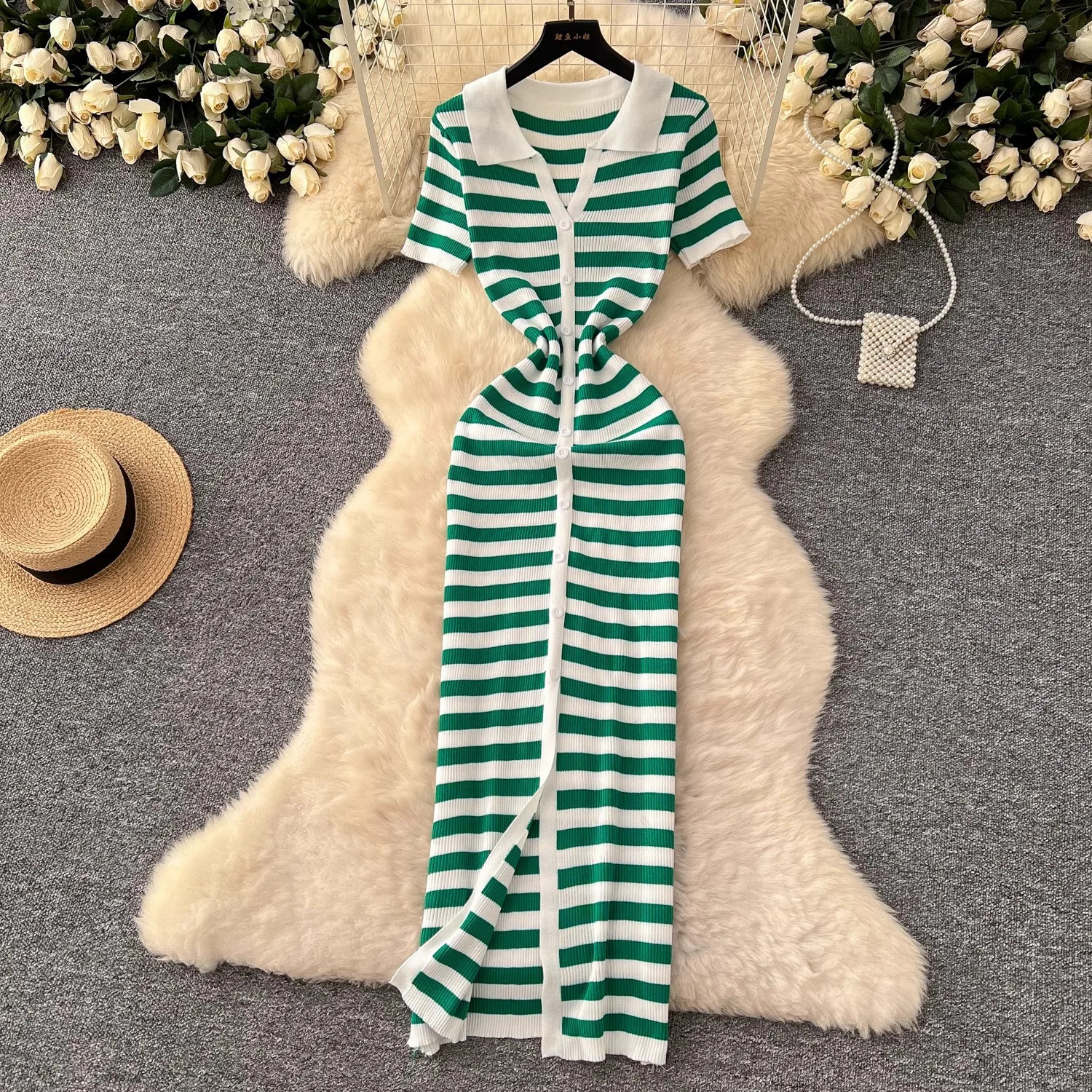 YuooMuoo Chic Fashion Sexy Wrap Hips Knitted Maxi Dress Summer Women Singlebreasted Stripes Sweater Streetwear Robes 250807