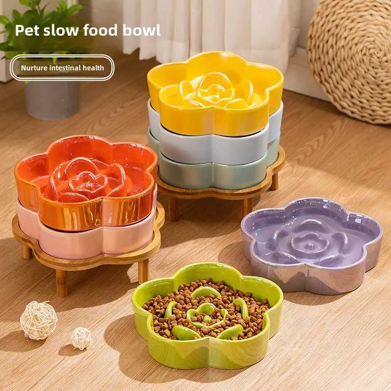 Ceramic Dog Slow Food Bowl Anti-choking Medium and Large Dog Food Basin Cat Bowl with Wooden Frame Pet Feeding Supplies With Y250806