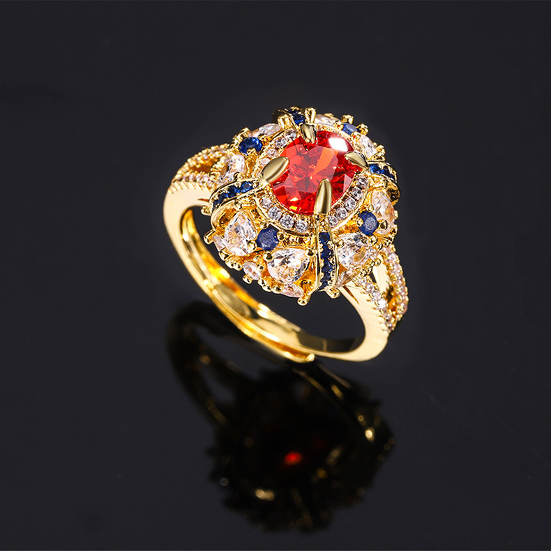 Gold Tone Ornate Cluster Ring With Red, Blue And Clear Gem Accents Glam Occasion And Statement Accessory Gift For Her Luxurious And Colorful Jewelry