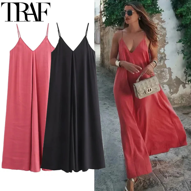TRAF Slip Dres 2024 Summer Womens Loose Dresses Sleeveless Thin Straps Black Long Backless Beach Holiday 250807