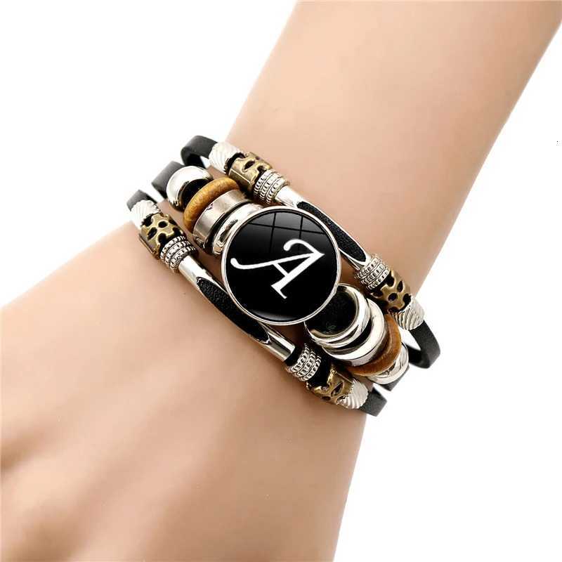 Vintage 26 Letter Leather Bracelet English Initial Glass Snap Button Bracelets For Men Women W250807