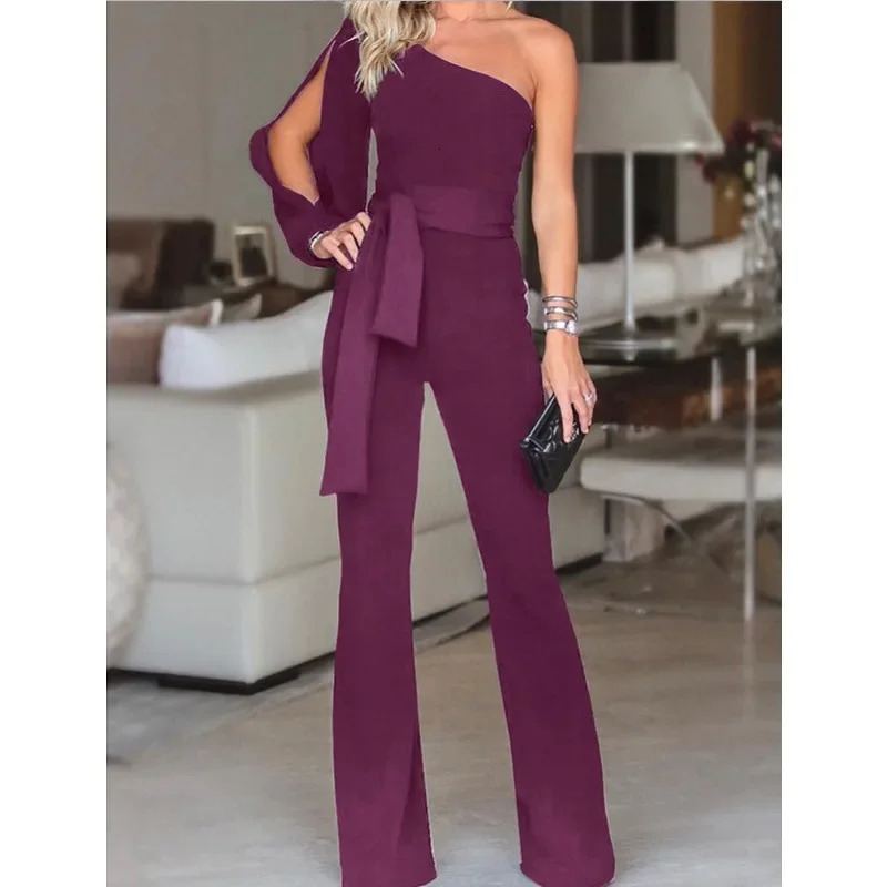 womens single shoulder high waistband solid color slim fit sexy jumpsuit fashionable and versatile 250807
