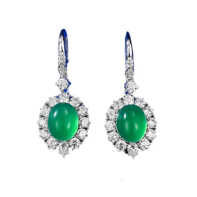 Mujing 2023 New Sier 8*10 Simulated Green Chalcedony Earrings Rich Lady Style Luxurious Inlaid Ear Jewelry
