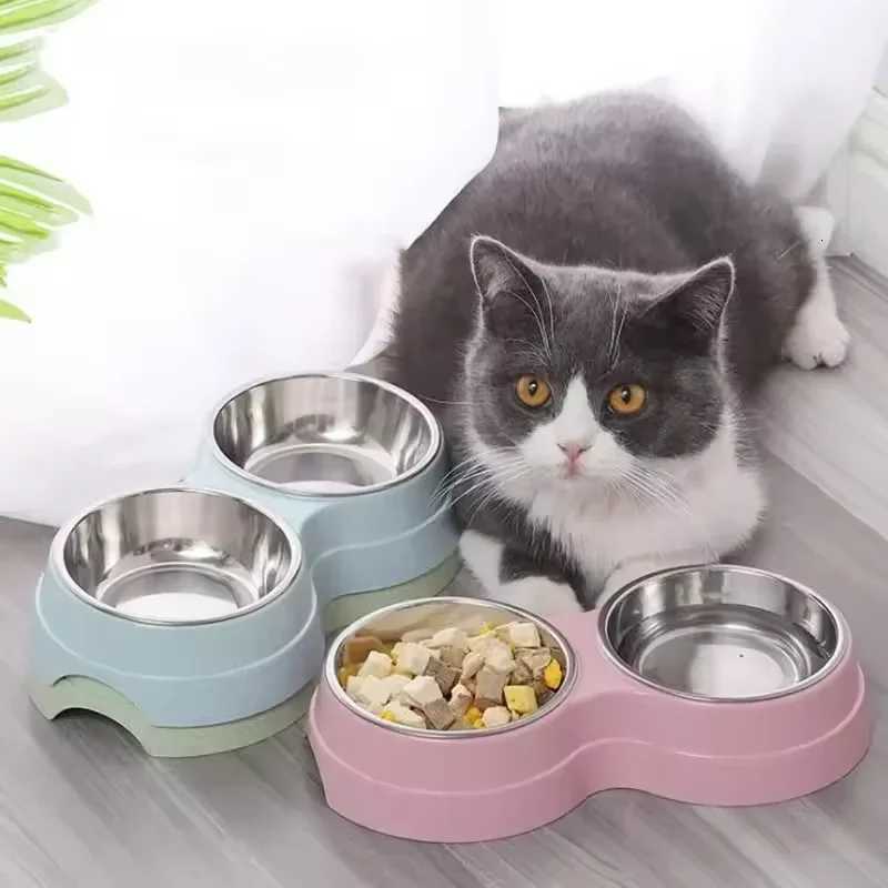 Double Pet Bowls Dog Food Water Feeder Stainless Steel Pet Drinking Dish Feeder Cat Puppy Feeding Supplies Small Dog Accessories Y250806
