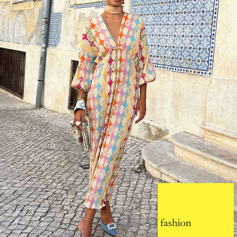 Women's Fashion Printed Long Elegant V-Neck Lantern Half Sleeve Dress For Women B5 h7