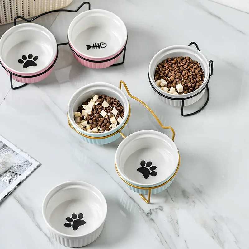 Single Or Double Tilt Bowl Ceramic Bowl for Dog Cat Puppy Kitten Elevated Food Feeder Drinker Pet Water Bowl Pet Supplies Y250806