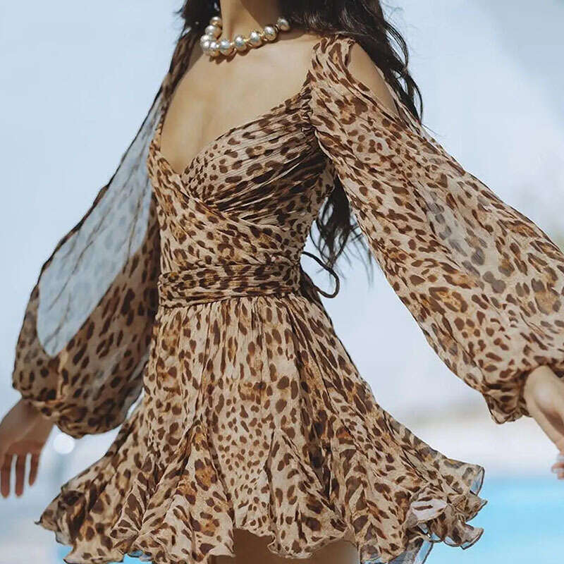 Spring Women's New Sexy Hot Girl V-Neck Lantern Sleeve Hollow Out Off-Shoulder Casual Dress B5 h7