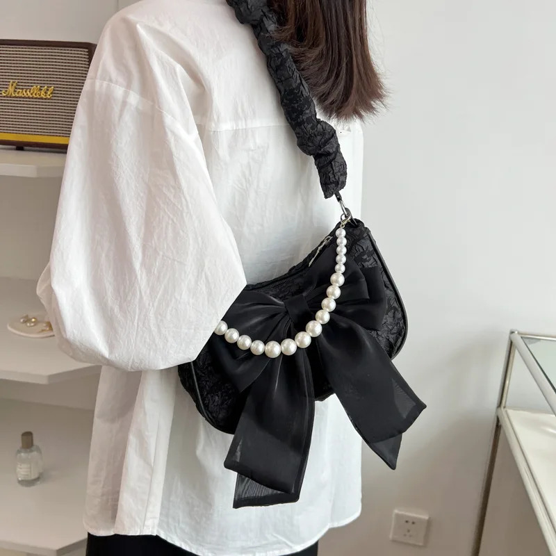 Texture lace pleated bag womens bag womens black pearl shoulder bag bow bracelet fashionable 250807