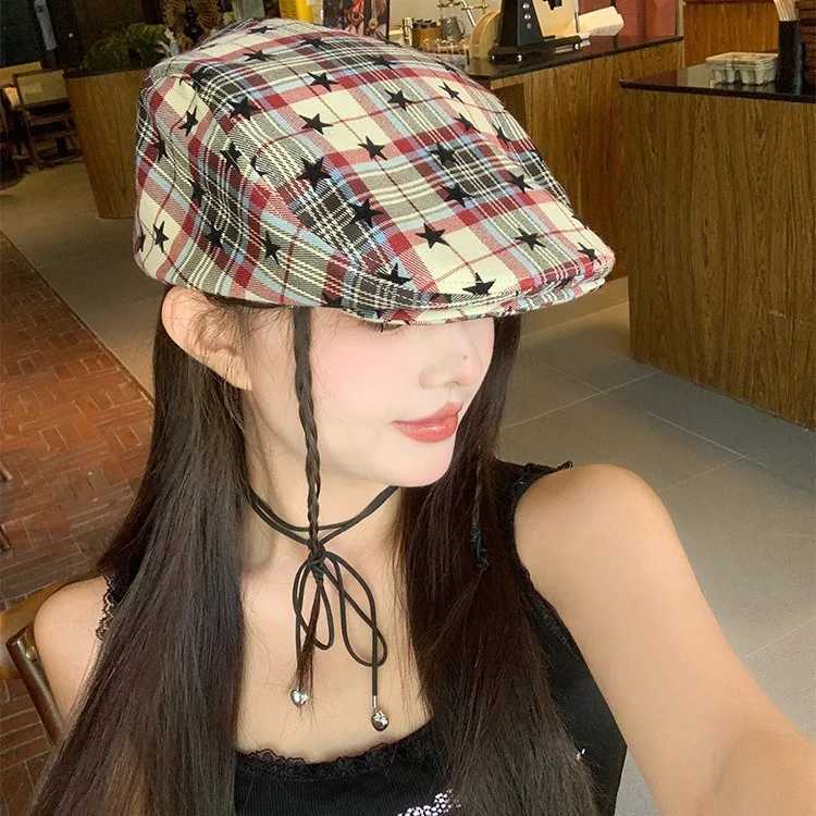 Womens Cute Hat Sweet Cool Style Japanese Star Heckered Childrens Retro Y2K Beret Versatile Artists Hat Trend N Ladies C XJ250807