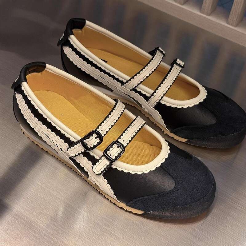 Cowhide Leather Version 2025 Spring New Round Toe Mary Jane Shallow Mouth Sports Ballet Style Casual Women's Single German Training Shoes