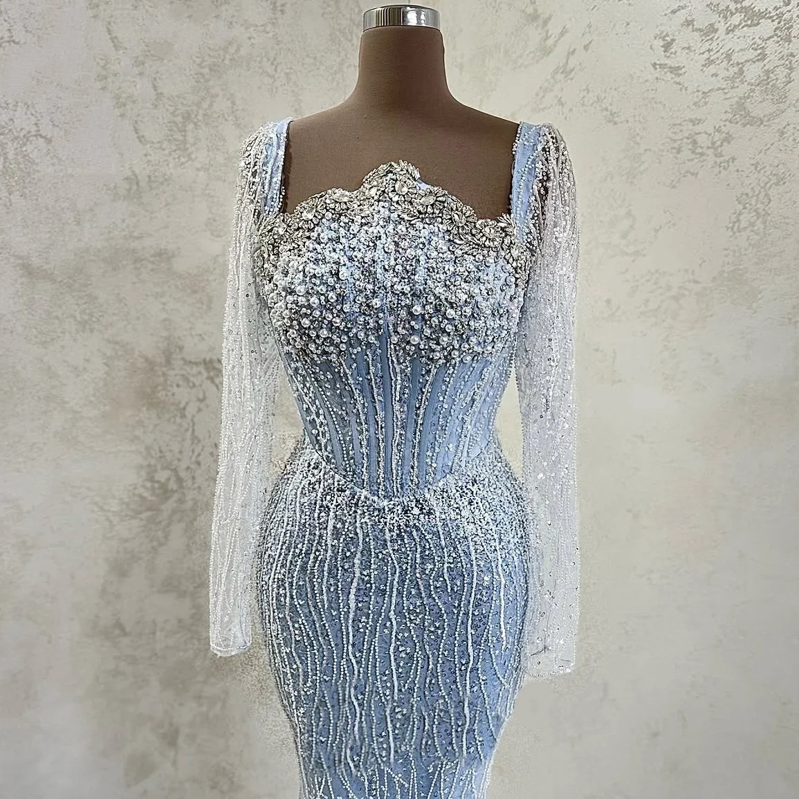 Sparkly Evening Dresses For Women Square Neck Long Sleeves Gown Crystal Pearls Sequins Sweep Train Dress Party Customized Dress
