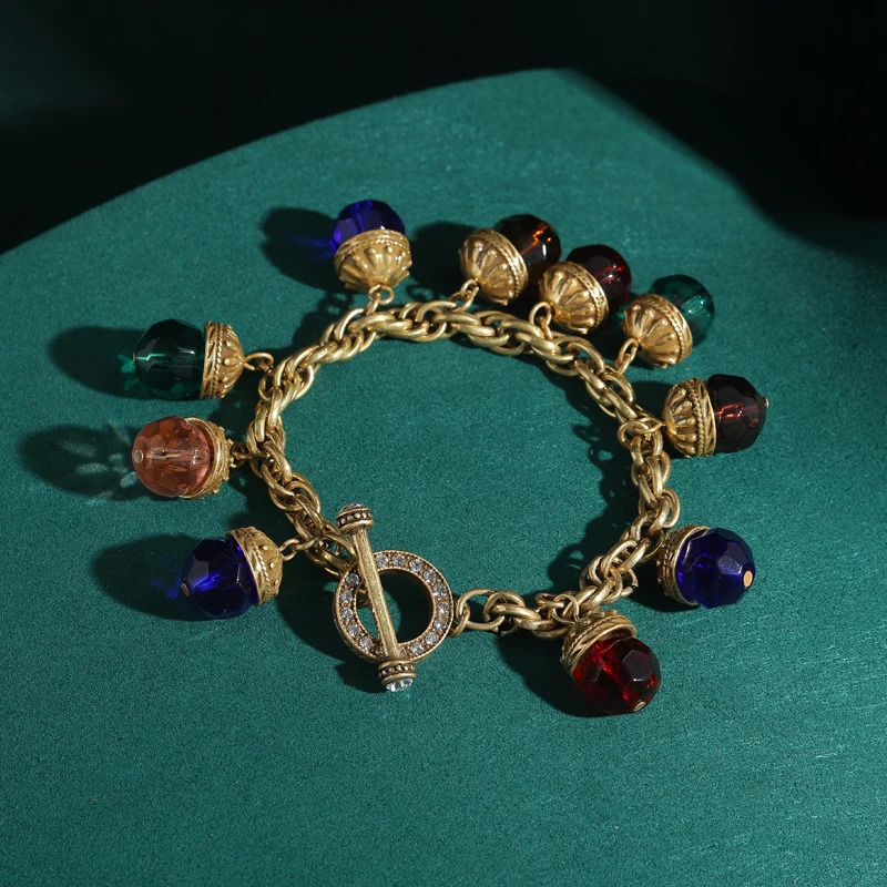 Vintage Multicolor Crystal Chain Bracelet - 18K Gold Plated Adjustable Womens Jewelry Gift 250730