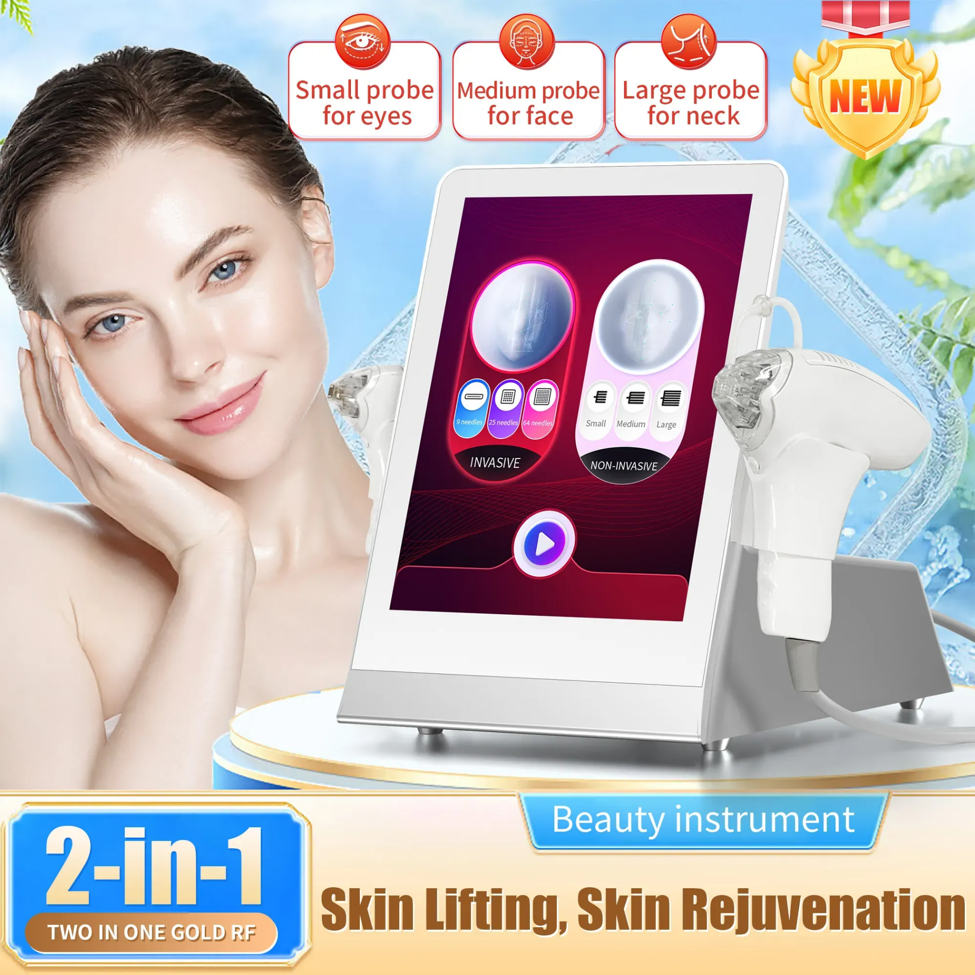2 In 1 Professional Gold RF Score Microneedle Machine With Cooling Ice Hammer Facial Lifting Device Suitable For Salons And Home