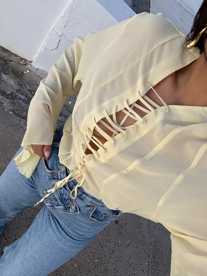 V-Neck Lace Up Solid Color Shirt Woman Casual Set Pleated Loose Waist Cinching Skirt Chic Elegant Versatile Baggy Womens Suits 250804
