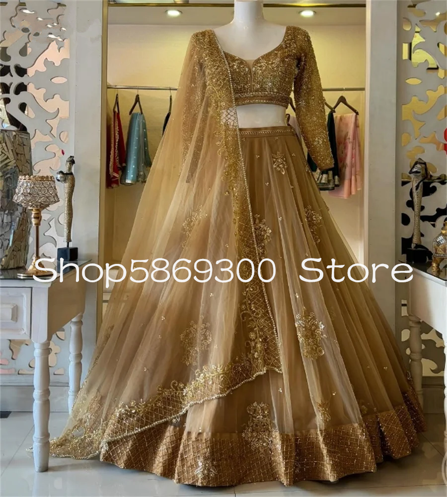 Gold Lehenga Evening Dress Appliques Beaded 2 Piece Moroccan Prom Dress Georgette Dupatt Birthday Party Gown Customized