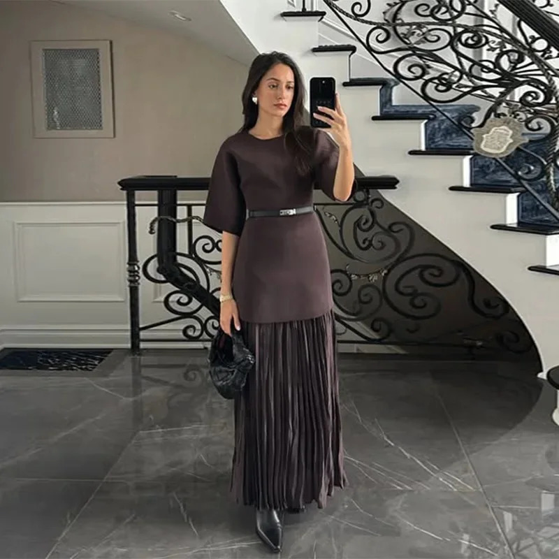 MUJER Pleated Knitted Long Dresses for Women Short Sleeve Maxi Dress Woman Vintage Party Womens Patchwork 250807