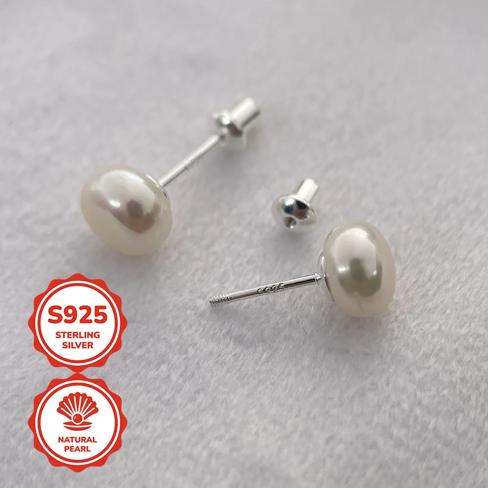 7-8mm 925 Sterling Silver Bread-type Natrual Freshwater Pearl Screw Back Stud Earrings For Women Girls Piercing Jewelry Gift 250805