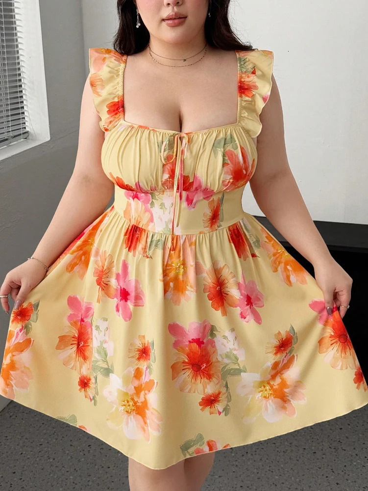 Plus Size Fly Sleeve Flower Chest Cup Dress A Hem Short Printed Beach Square Neck Casual 250807