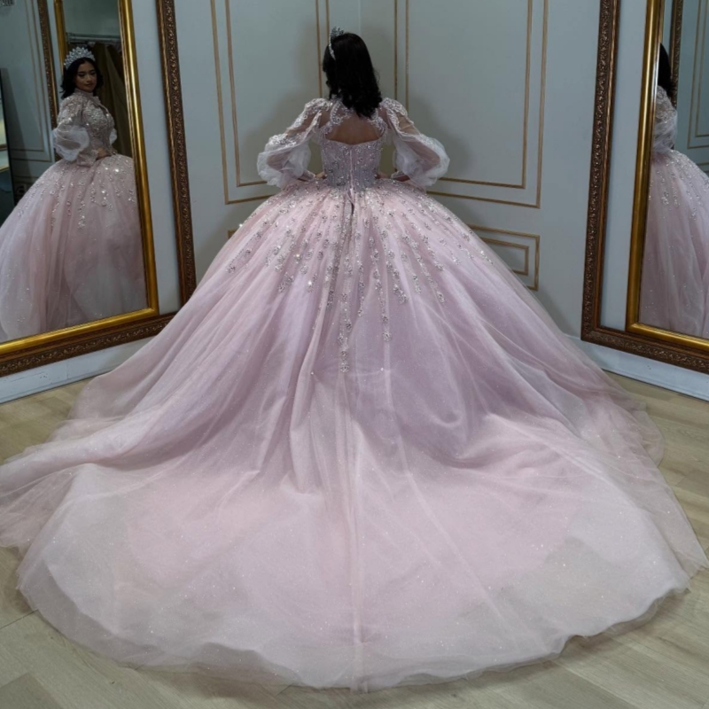 Pink Shiny Quinceanera Dresses Off The Shoulder Beading Crystal Tull Puff Sleeve Ball Gown Vestidos De 15 Anos Sweet 16 Dress
