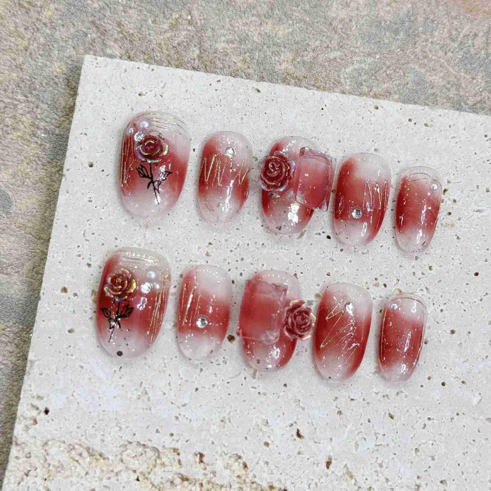 10pcs Sweet Short Oval Fake Nail Patches Hand-painted 3D Pink Strawberry Flower Press-on Nails Spring Summer Fresh Handmade Nail M250807