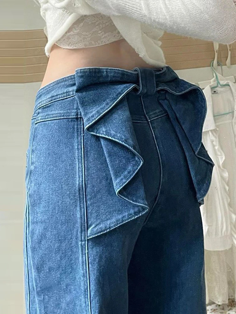 Y2K Womens High Waist Flare Denim Jeans With Big Bow Ruffles 2000s Sweetheart Stylish Female Slim Fit Casual Trousers 250806