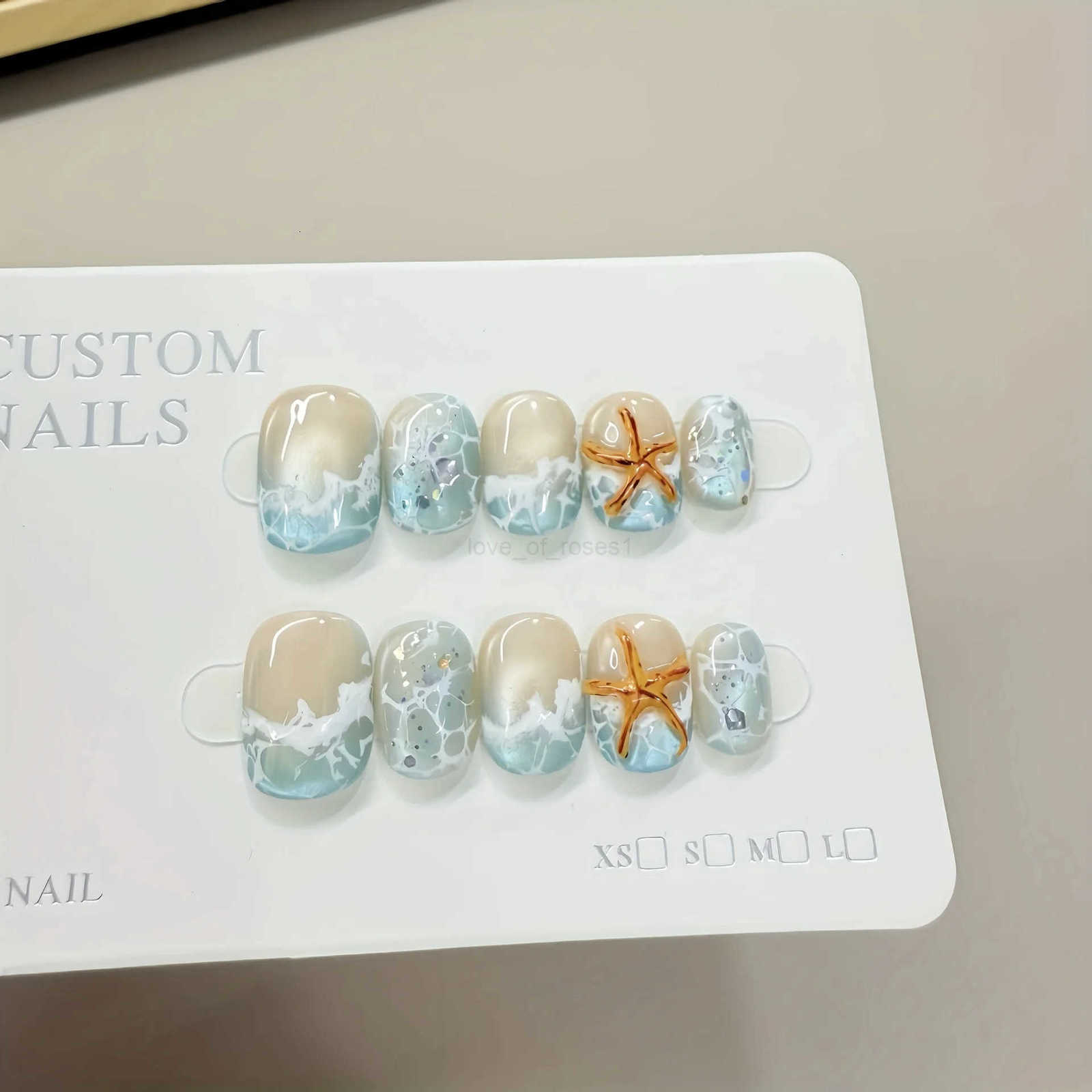 10pcs Handmade Press-on Nails Summer Wave Ripple Starfish Full Coverage Nail Tips for Women Girls Detachable Wearable Nails Z250807