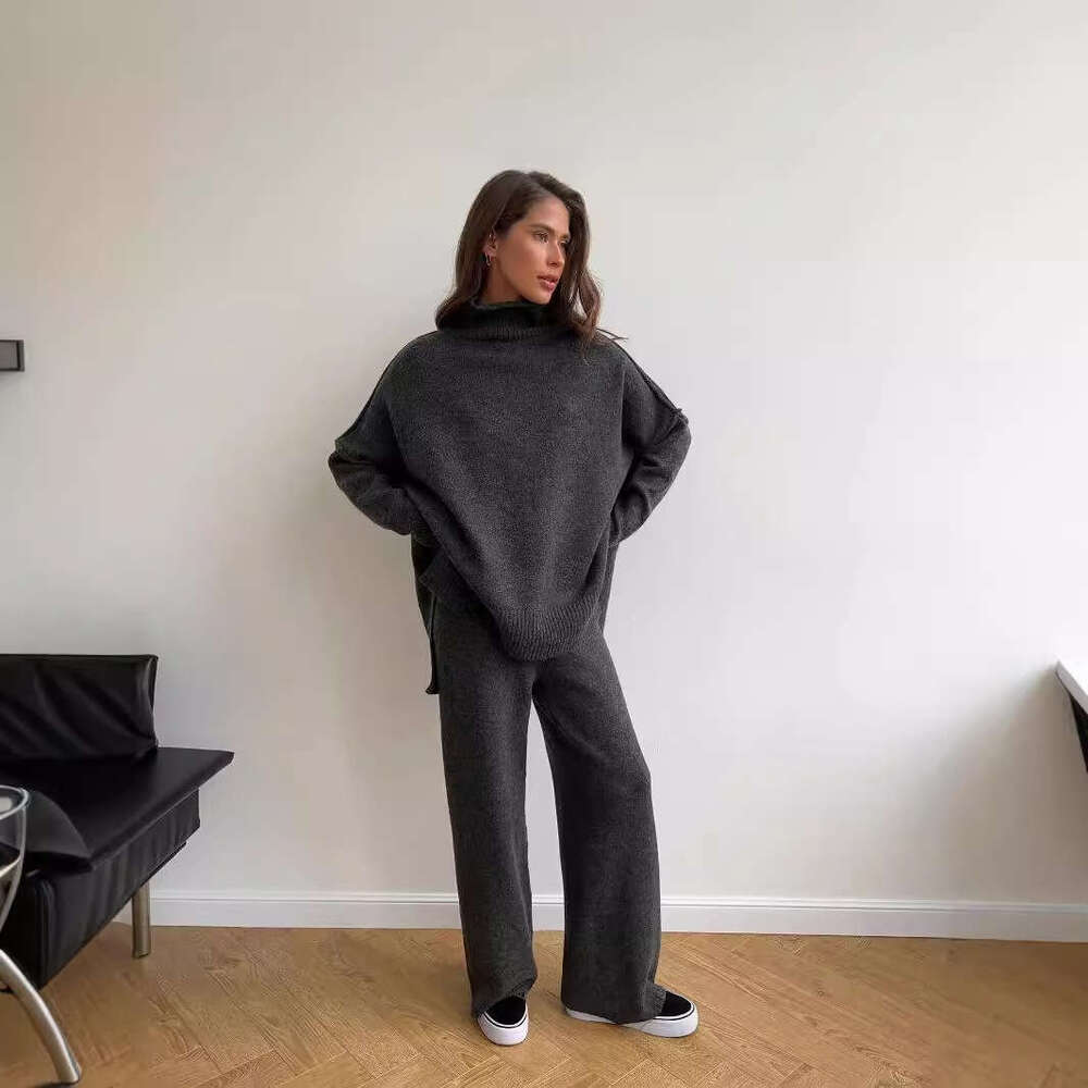 High Neck Split Wool Sweater For Women Loose Casual Lazy Knitted Long Pants Two-Piece Set B5 h7