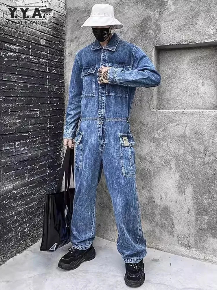 Fashion Mens Jumpsuit Long Sleeve Multi Pockets Cargo Pants Hip Hop Men Spring Autumn Overalls Vintage Denim 250804