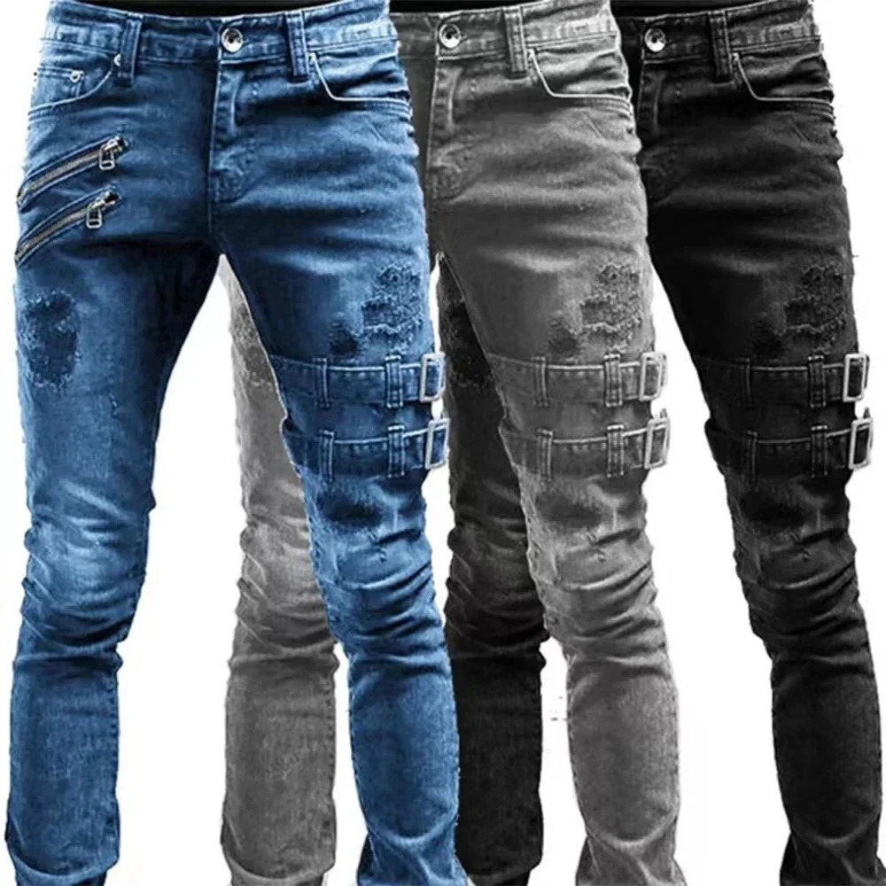 Retro Moto Biker Straight Elastic Jeans Men Zipper Hole Streetwear Punk Skinny Denim Cargo Pants Pantalones Hombre Y2K Clothing 250805