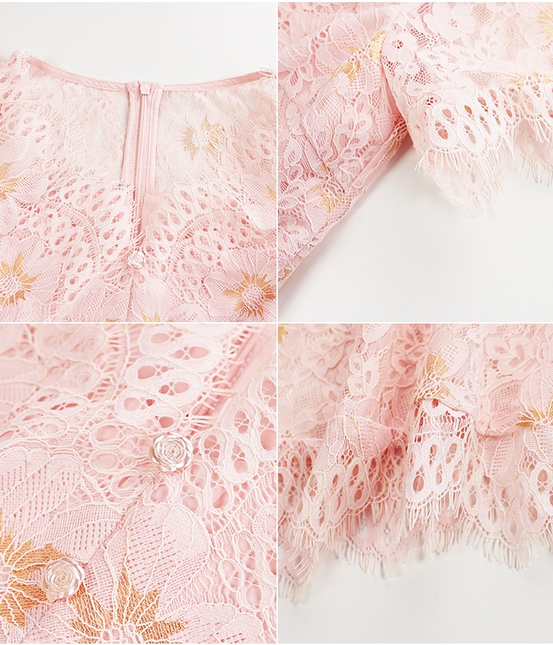 Womens Elegant Pink Floral Lace Dress Short Sleeve V Neck Double Layer Gothic Midi Party Guest Casual Dress 6116210