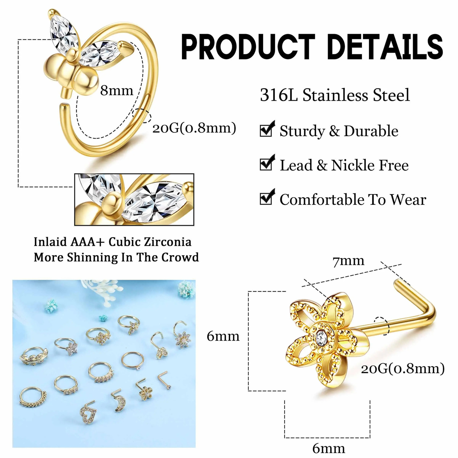 Drperfect Nose Rings Studs for Women Steel 20G Nose Hoop Corkscrew L Shaped Nose Stud Nose Ring Nose Piercing Jewelry 250805