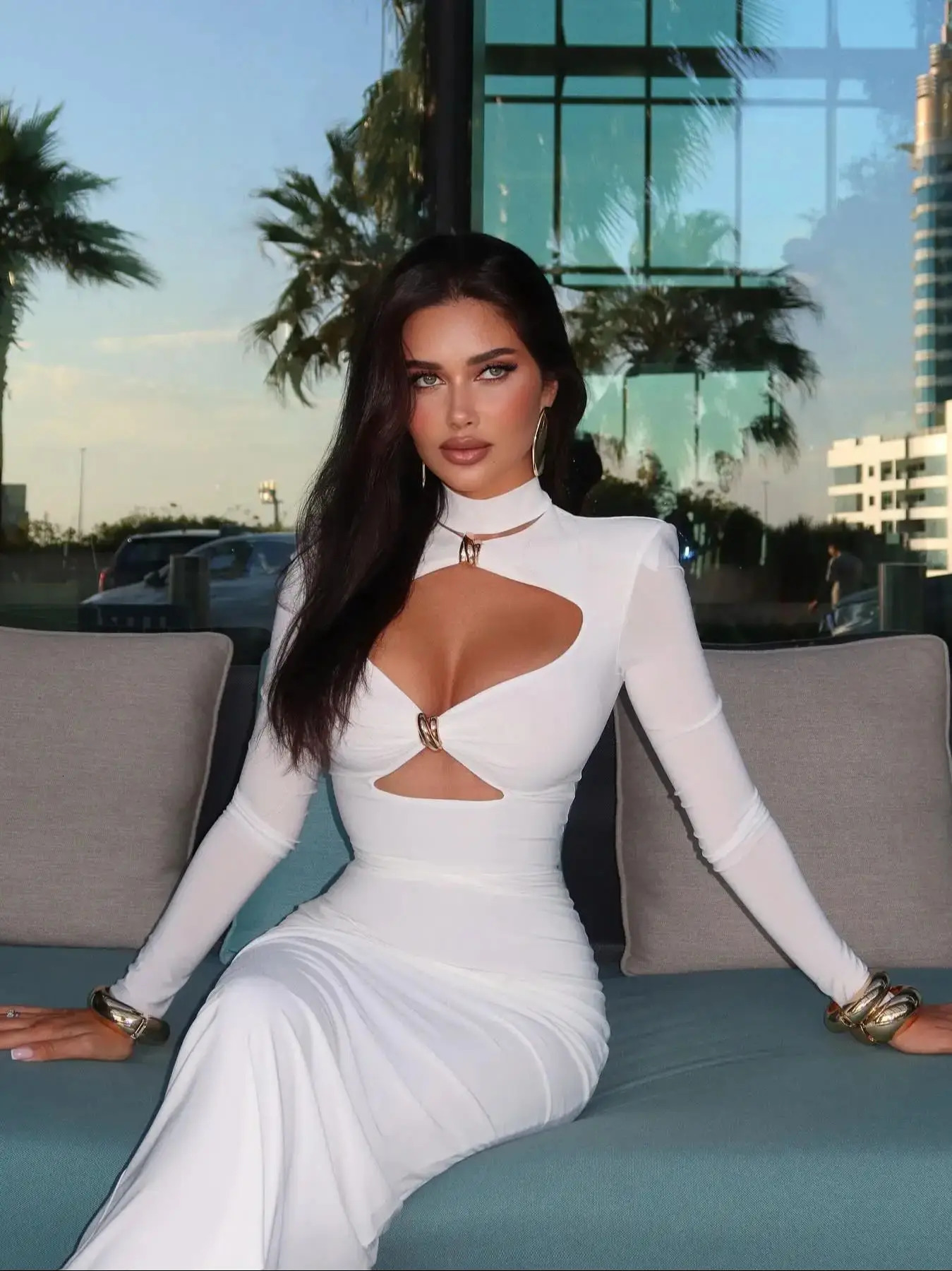 Cut Out Dress Women V Neck Long Sleeve Casual Column Dress Summer Sexy Turtleneck Party Dress Midi Dress Gown 250728