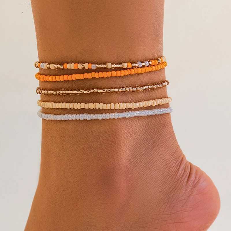 5pcs/set Boho Anklet Multi-layer Colorful Beads Chain Ankle Summer Charm Sandals Barefoot Beach Foot Bridal Jewelry A65 Y250805