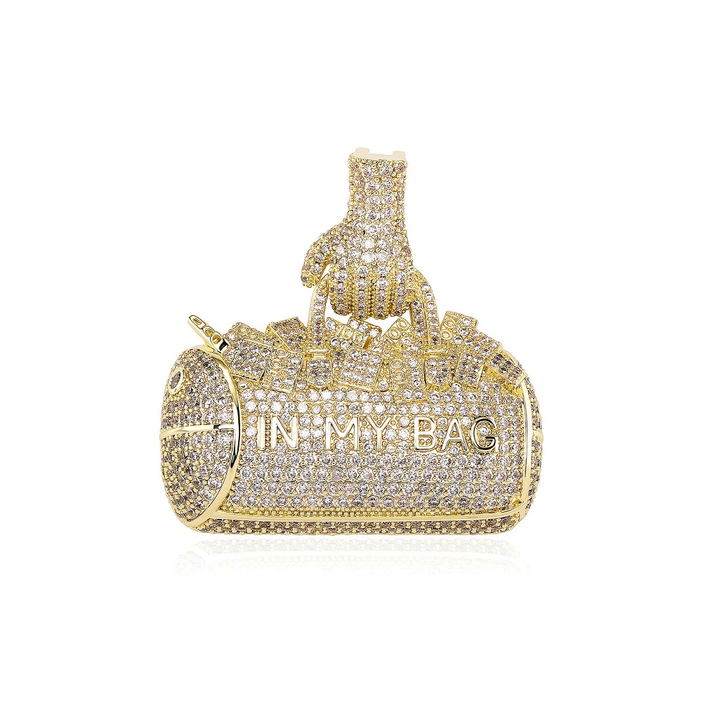 Hip Hop IN MY BAG 3D Handbag Pendant Necklace 5A Zircon Real Gold Plated Jewelry