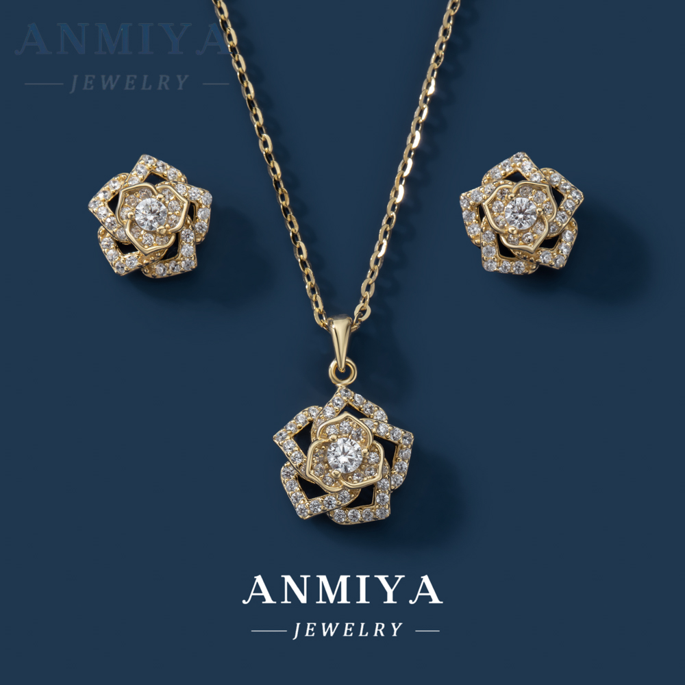 Women White or Rose Gold Plated White Zircon Roses Flowers S925 Necklace and Earrings Set Dubai Gold Jewelry Set