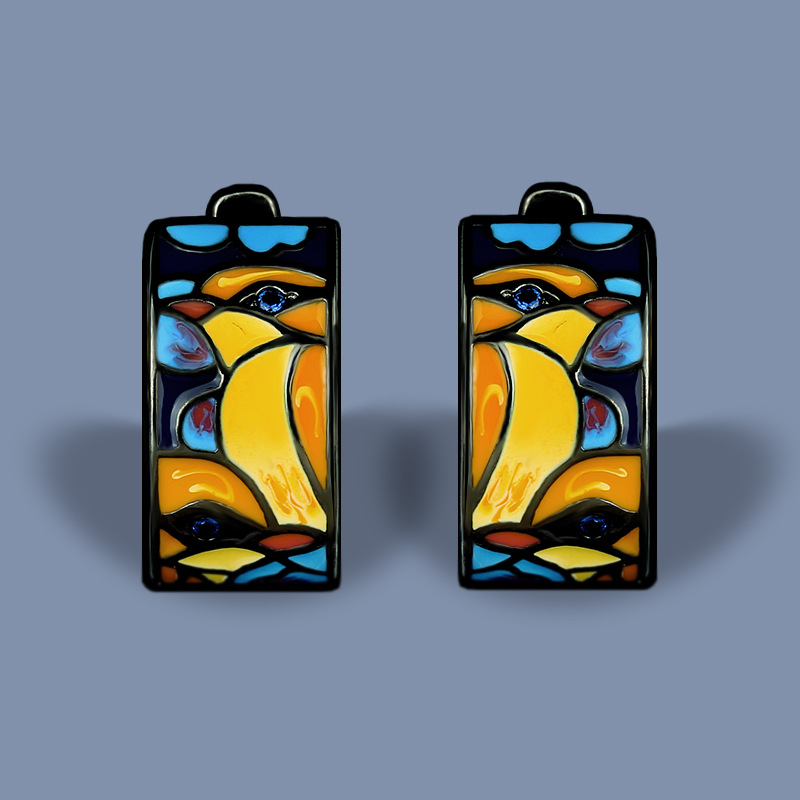 Black Tone Enamel Painted Stained Glass-Inspired Hoop Earrings With Colorful Pattern Artistic And Vintage Outfit Accessory Gift For Her Unique Eye-Cat