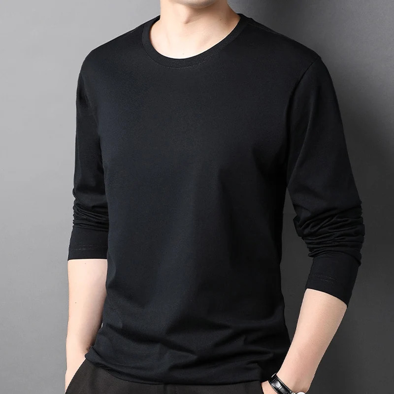 Mens 100% Cotton Soft Long Sleeve Top TeesHarajuku Plain T-Shirts.Loose StylesBlack White 250801