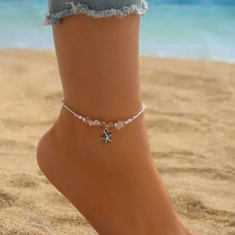 Beach turquoise beaded feet retro popular tube beads gravel starfish pendant rice bead anklet Y250805