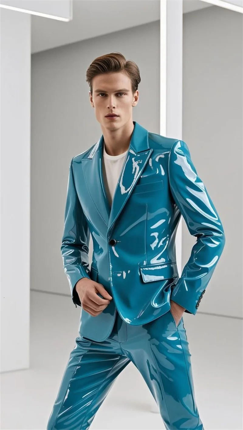 Blue PU Leather Men Suits Set 2 Piece BlazerPants Trousers Wedding Tuxedo Formal Office Groom Prom Jacket Business Coat 250807