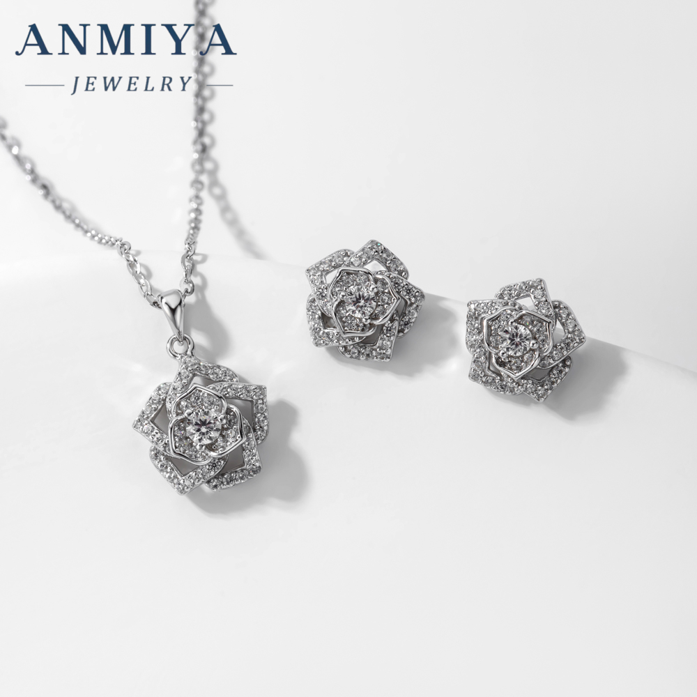 Women White or Rose Gold Plated White Zircon Roses Flowers S925 Necklace and Earrings Set Dubai Gold Jewelry Set